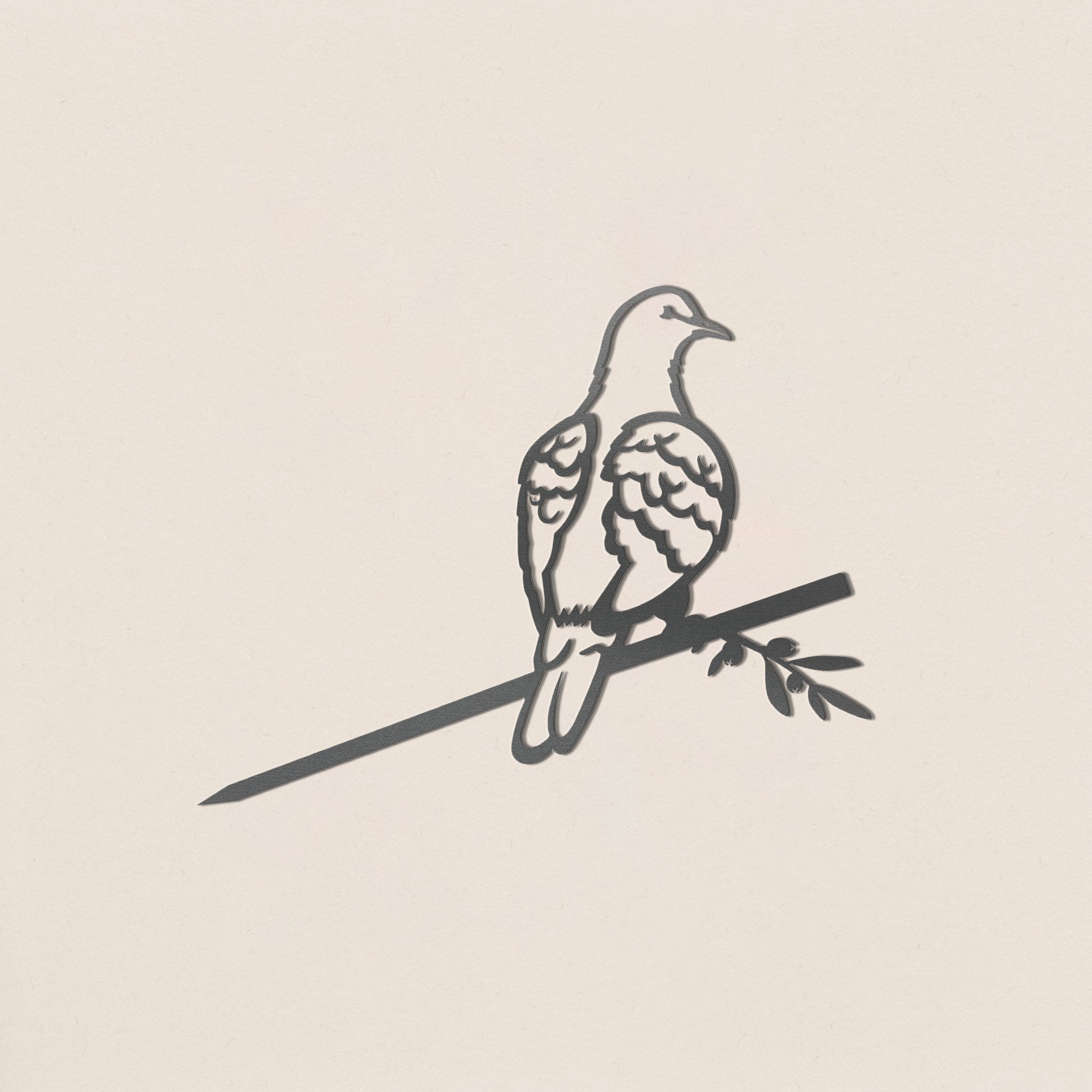 The Turtle Dove by Metalbird Canada features a minimalist black line design of a dove on a leafy branch, inspired by garden art and set against a light background.