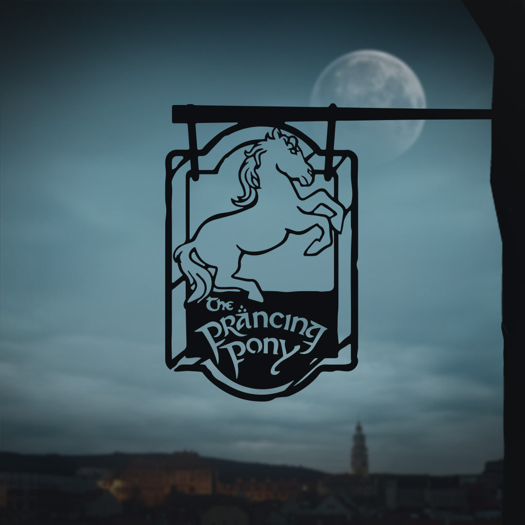 The PRANCING PONY™ metal silhouette sign by Metalbird Canada features a rearing horse against a twilight sky with a full moon above a distant town—an enchanting scene, ideal as a unique gift.