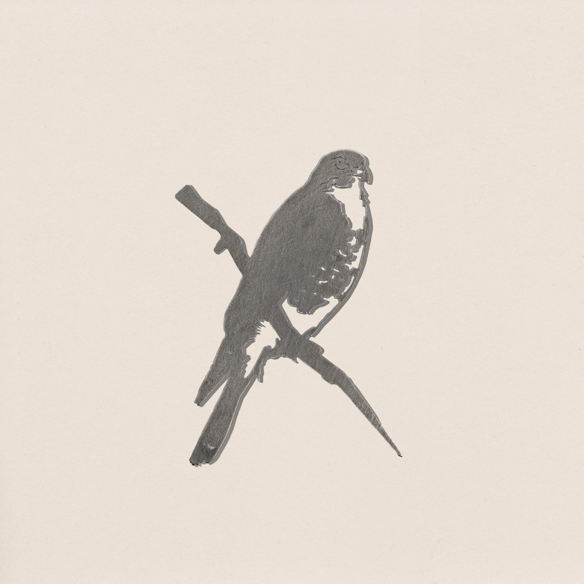 A simple pencil sketch of a Peregrine Falcon by Metalbird Canada shows the bird perched diagonally on a branch against a light background, its detailed gray silhouette facing right with wings folded, evoking elegant garden art.