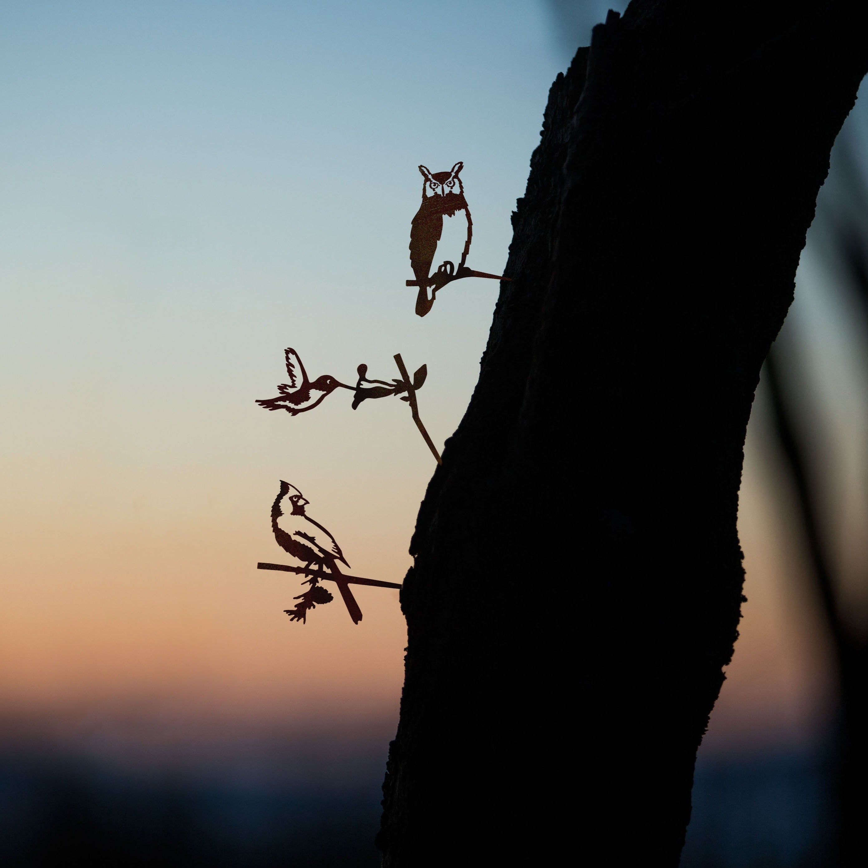 The Baby Bird Bundle by Metalbird Canada features delicate bird and owl silhouettes perched on a branch, creating charming garden art for any nature lover.