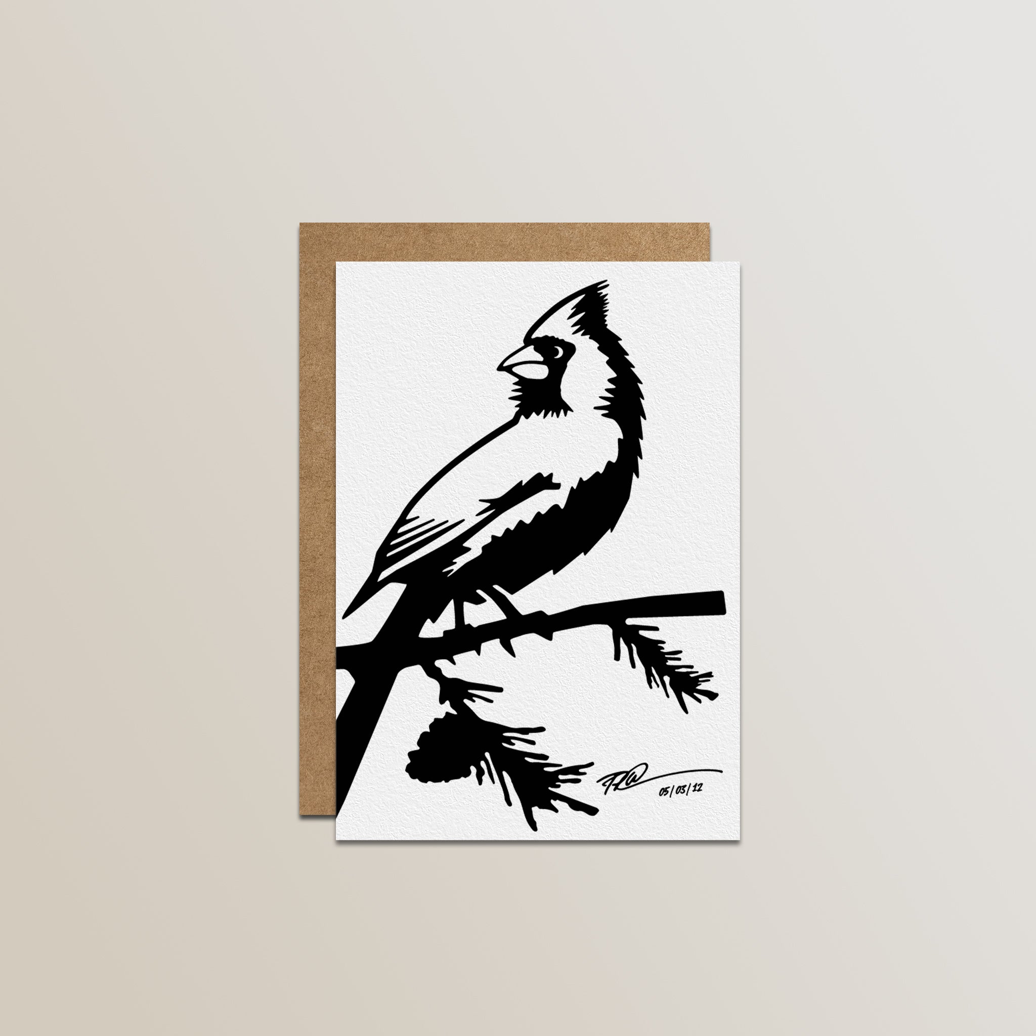 The Metalbird Greeting Card Set by Metalbird Canada features a black and white cardinal silhouette on textured card with a brown envelope, ideal for garden art lovers.