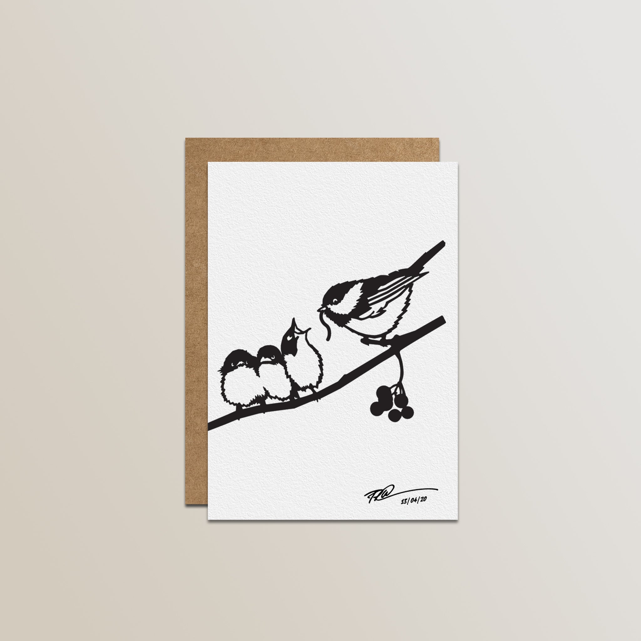 The Metalbird Greeting Card Set by Metalbird Canada features a black and white bird illustration with two chicks on a berry branch, inspired by garden art, and comes with a brown envelope.