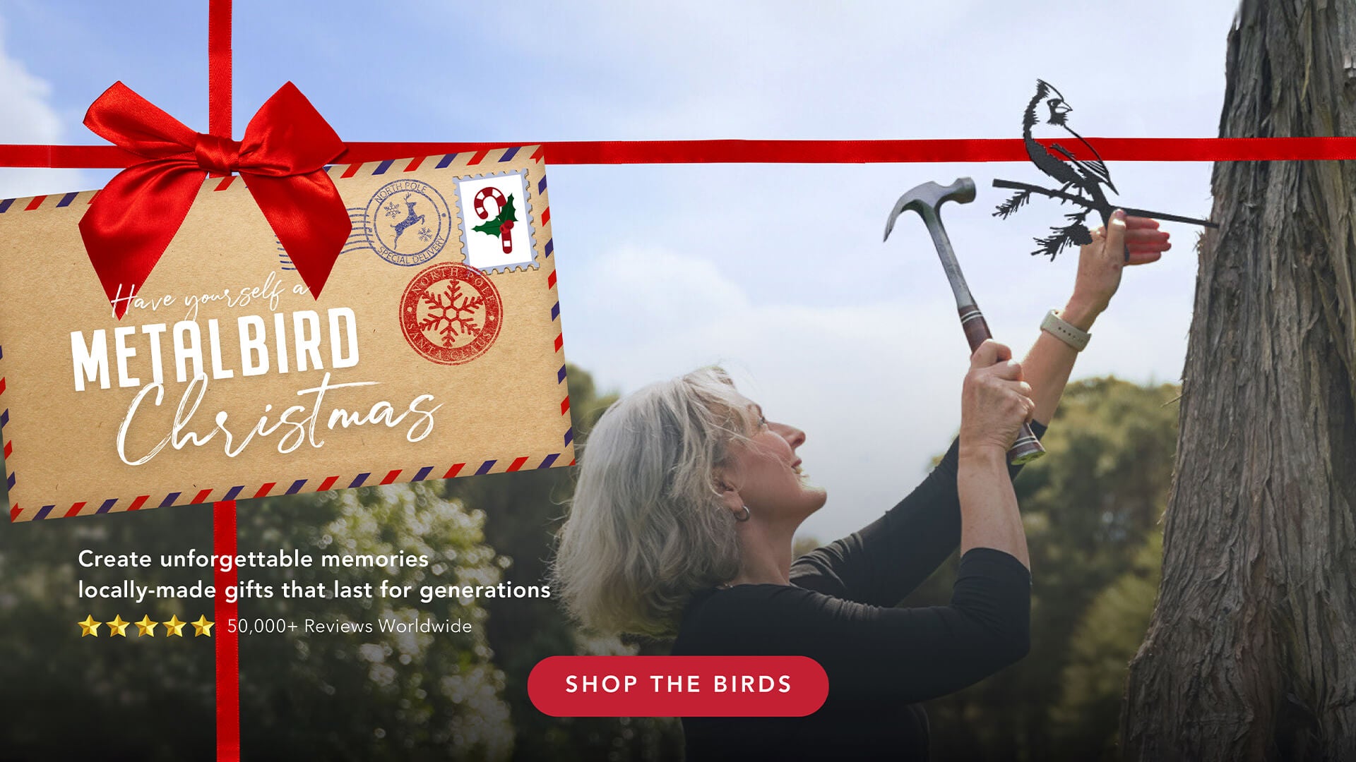 Advertisement for Metalbird Christmas gifts with a person holding a hammer and bird silhouette, featuring a red bow and promotional text.
