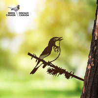 A Canada Warbler silhouette by Metalbird Canada perches on a branch attached to a tree trunk, serving as unique yard art with the Birds Canada logo and a blurred green background.