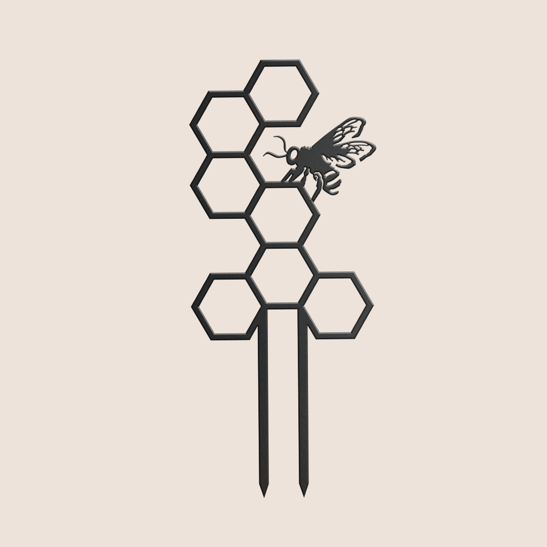 The Honeybee Plant Trellis by Metalbird Canada is a black metal yard art stake shaped like a honeycomb with a bee, shown on a beige background—a unique corten steel gift perfect for any garden enthusiast.