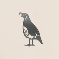 The Quail by Metalbird Canada features a bold black and white silhouette of the bird with its iconic head plume, creating striking garden art on a light beige background.