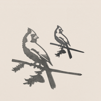 A grayscale drawing of the Cardinal Mom & Mini Set by Metalbird Canada, perched on separate branches against a beige background—an ideal gift for bird lovers.