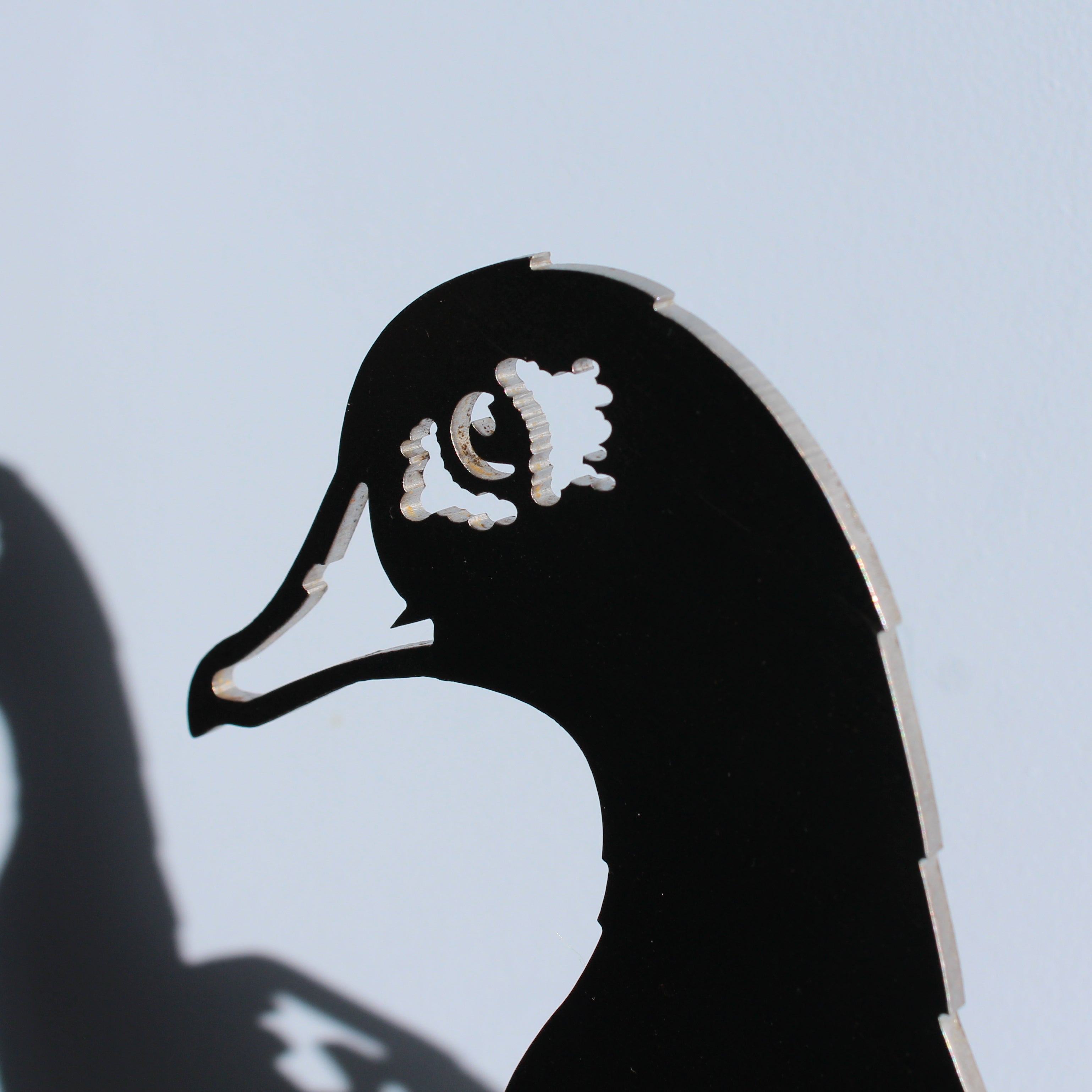 A close-up of a black and white Laysan Duck silhouette by Metalbird Canada - CC, resembling a bird’s head with its shadow on a plain white background.