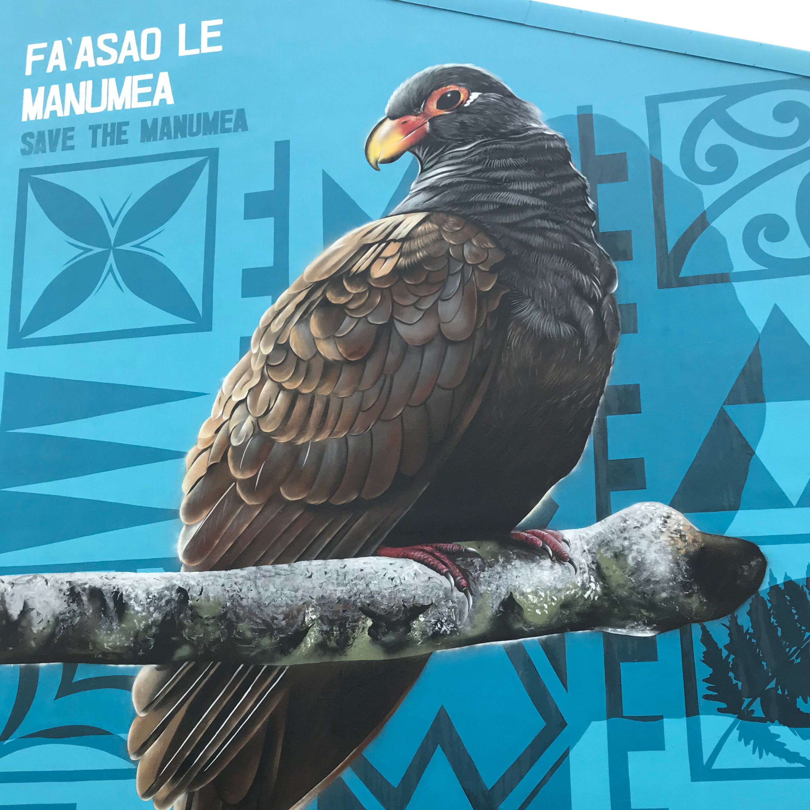 The Manumea by Metalbird Canada - CC features a brown bird with orange eyes and beak on a branch, silhouetted against blue Samoan patterns. "FA’ASAO LE MANUMEA. SAVE THE MANUMEA." An ideal choice for garden art or a meaningful gift.