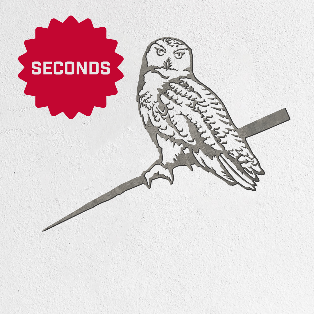 A black and white illustration of an owl perched on a branch appears on a white background with a red "SECONDS" starburst—ideal inspiration for striking Metalbird Seconds by Metalbird Canada - Seconds yard art or metal designs.