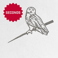 A black and white illustration of an owl perched on a branch appears on a white background with a red "SECONDS" starburst—ideal inspiration for striking Metalbird Seconds by Metalbird Canada - Seconds yard art or metal designs.