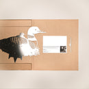 The Common Loon by Metalbird Canada is a cardboard folder with a silver loon silhouette, ideal as a unique gift. Inside, it includes a white informational card, all set against a light background.