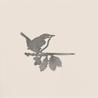 The Wren by Metalbird Canada is a corten steel silhouette of a small bird on a leafy branch, set against a light beige backdrop—ideal as charming yard art.