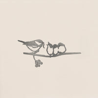 The "Chickadee & Chicks" by Metalbird Canada features a minimalist bird feeding two chicks on a branch with berries, crafted in sleek monochrome lines—a unique and elegant gift for any garden lover.