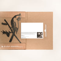 The Cardinal by Metalbird Canada features a brown cardboard folder with a bird-on-branch cutout on the left and a white card with text and a black-and-white photo on the right, partially tucked into a slot.