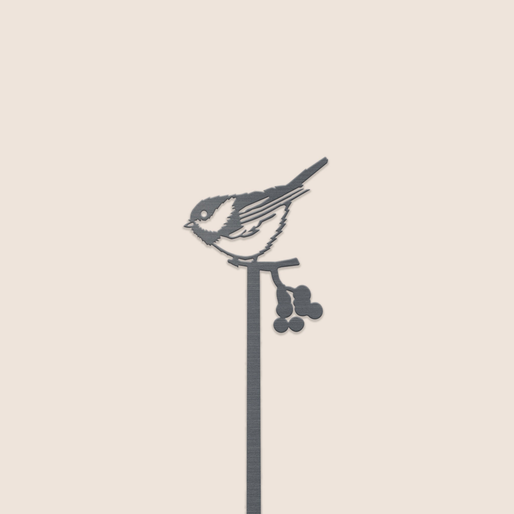The Chickadee Plant Stake - 25" by Metalbird Canada features a minimalist corten steel silhouette of a small bird on a branch—an eye-catching and unique gift for any garden or home.
