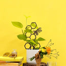 A white plant pot with green leaves sits on a table against a yellow wall. Behind it, the Metalbird Canada Honeybee Plant Trellis in black corten steel adds charm with its honeycomb shape and butterfly silhouette. Nearby are books, sunglasses, and a wooden hand holding flowers.