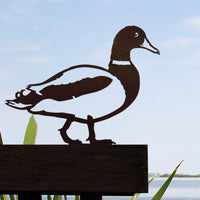 The DU Mallard Duck - Large by Metalbird Canada is a striking metal silhouette, ideal for yard art or as a unique gift for nature lovers. Perfect for display on a wooden ledge, it brings a touch of the wild to any outdoor space.